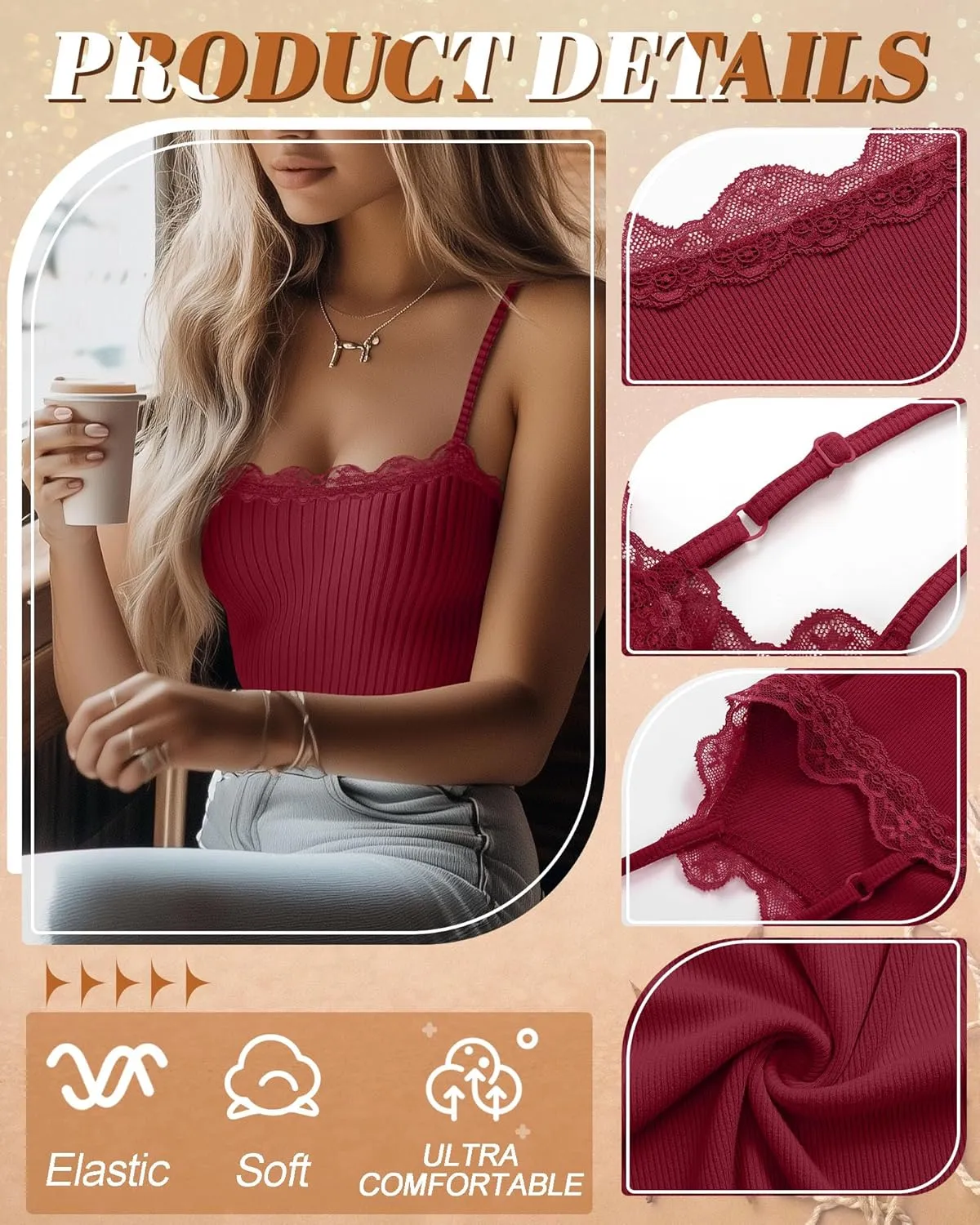 3 Pcs Lace Camisole Tank Tops for Women, Lace Trim Boat Neck Ribbed Undershirts Adjustable Spaghetti Strap Slim Cami