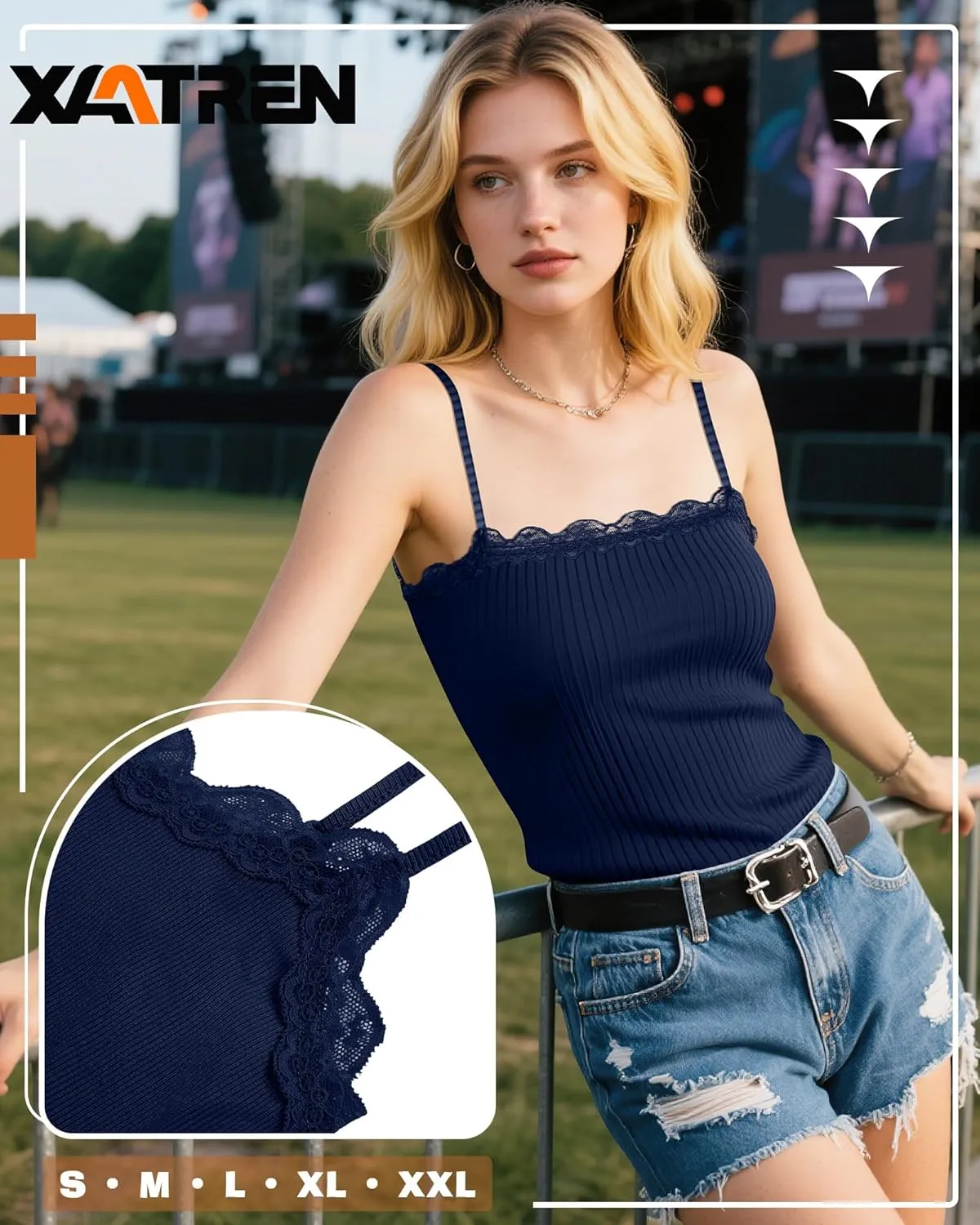3 Pcs Lace Camisole Tank Tops for Women, Lace Trim Boat Neck Ribbed Undershirts Adjustable Spaghetti Strap Slim Cami