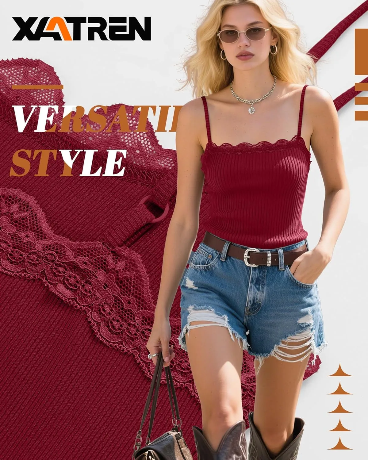 3 Pcs Lace Camisole Tank Tops for Women, Lace Trim Boat Neck Ribbed Undershirts Adjustable Spaghetti Strap Slim Cami