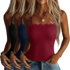 3 Pcs Lace Camisole Tank Tops for Women, Lace Trim Boat Neck Ribbed Undershirts Adjustable Spaghetti Strap Slim Cami