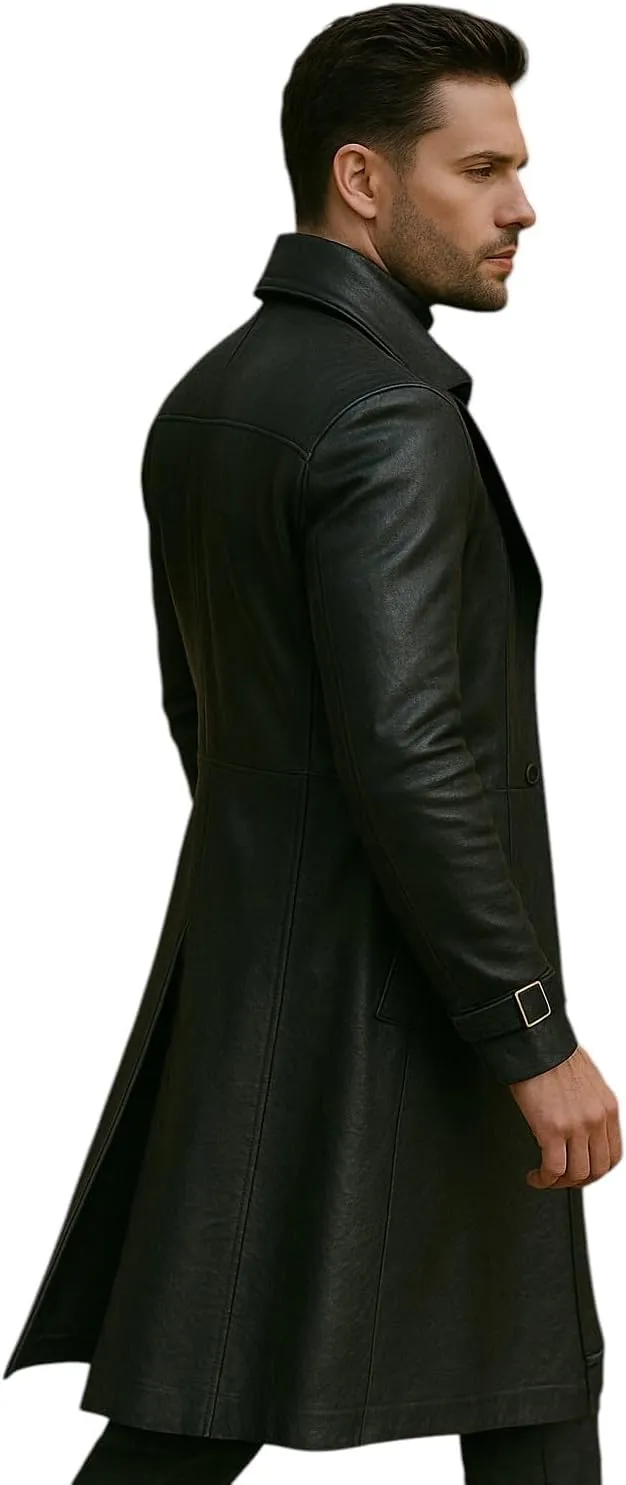 Black Leather Trench Coat Mens - Real & Faux Leather Duster Overcoat - Full Length Mens Winter Jacket