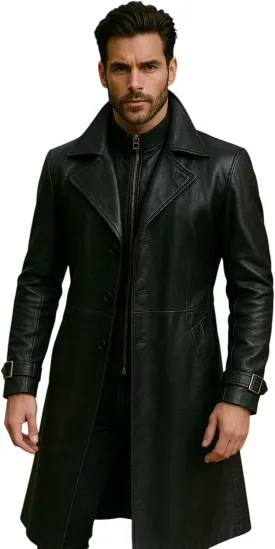 Black Leather Trench Coat Mens - Real & Faux Leather Duster Overcoat - Full Length Mens Winter Jacket