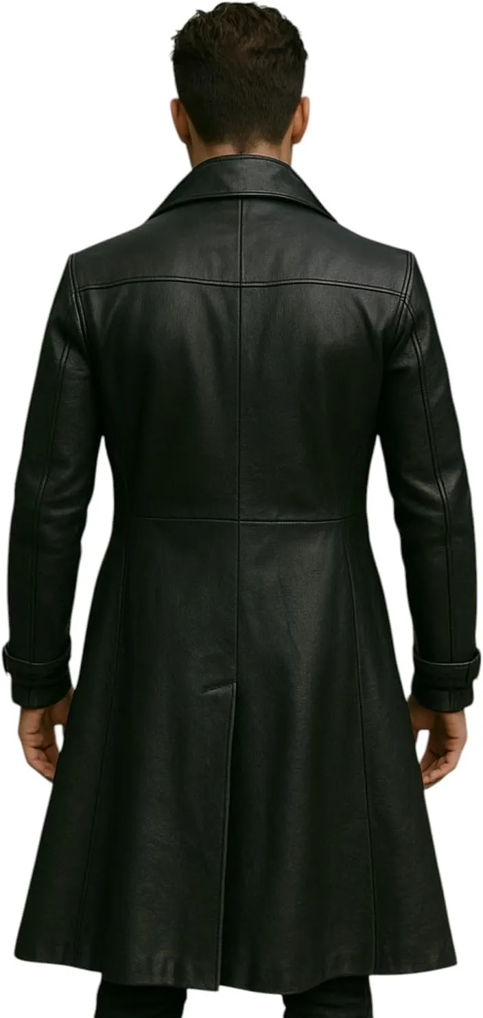 Black Leather Trench Coat Mens - Real & Faux Leather Duster Overcoat - Full Length Mens Winter Jacket