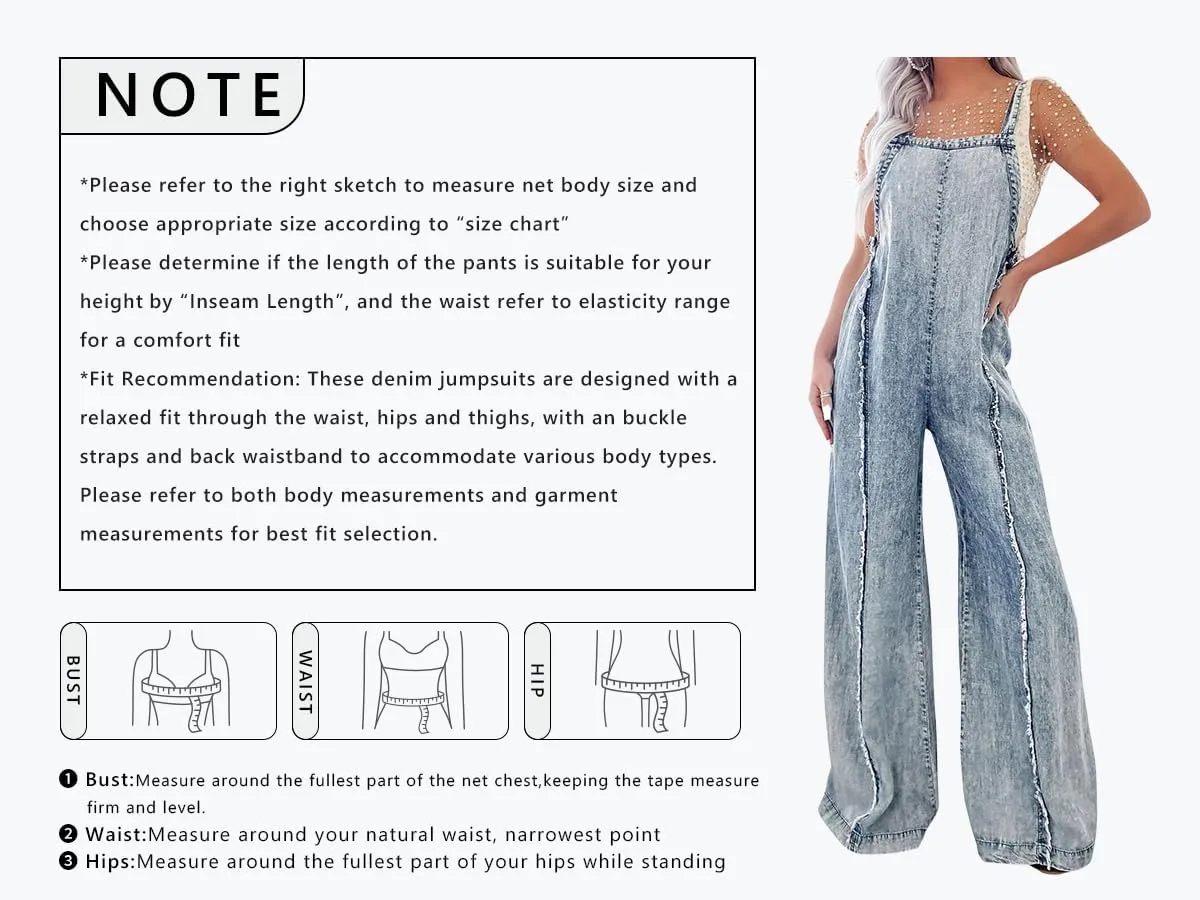 CHARTOU Women Loose Fit Denim Jumpsuit Adjustable Straps Wide Leg Long Pants Frayed Jean Overalls