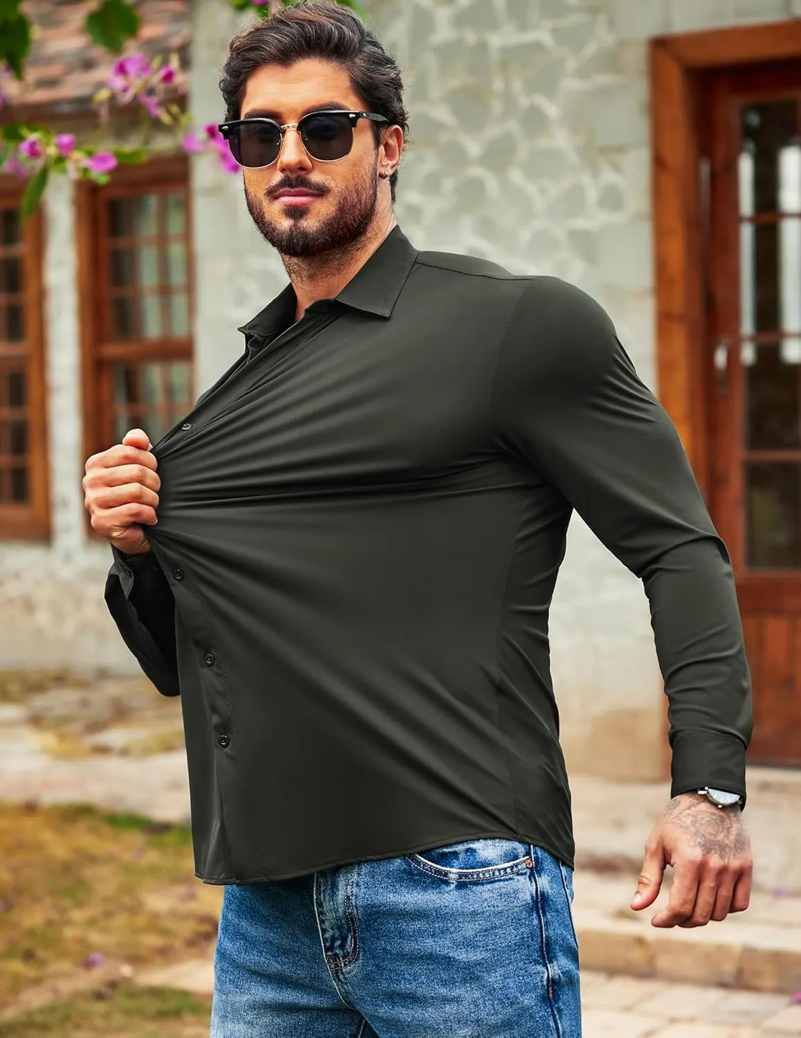 COOFANDY Men's Muscle Fit Dress Shirts Wrinkle Free Long Sleeve Button Down Shirt Stretch Business Shirt