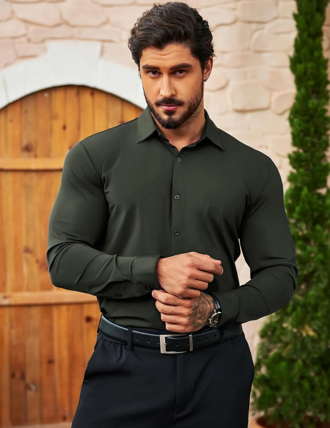 COOFANDY Men's Muscle Fit Dress Shirts Wrinkle Free Long Sleeve Button Down Shirt Stretch Business Shirt