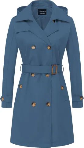 CREATMO US Women's Long Trench Coat Double-Breasted Classic Lapel Overcoat Belted Slim Outerwear Coat with Detachable Hood CREATMO US Women's Long Trench Coat Double-Breasted Classic Lapel Overcoat Belted Slim Outerwear Coat with Detachable Hood