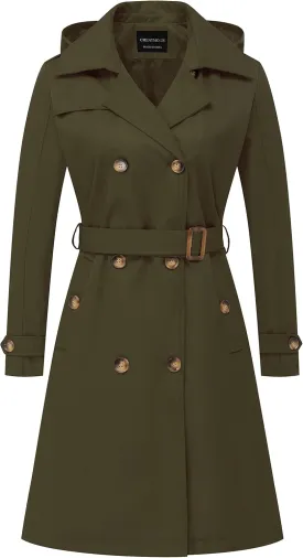 CREATMO US Women's Long Trench Coat Double-Breasted Classic Lapel Overcoat Belted Slim Outerwear Coat with Detachable Hood CREATMO US Women's Long Trench Coat Double-Breasted Classic Lapel Overcoat Belted Slim Outerwear Coat with Detachable Hood