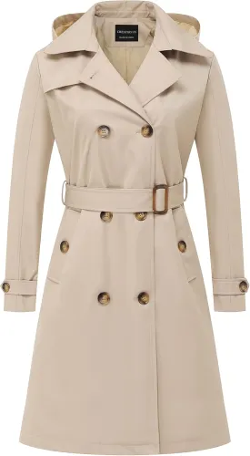CREATMO US Women's Long Trench Coat Double-Breasted Classic Lapel Overcoat Belted Slim Outerwear Coat with Detachable Hood CREATMO US Women's Long Trench Coat Double-Breasted Classic Lapel Overcoat Belted Slim Outerwear Coat with Detachable Hood