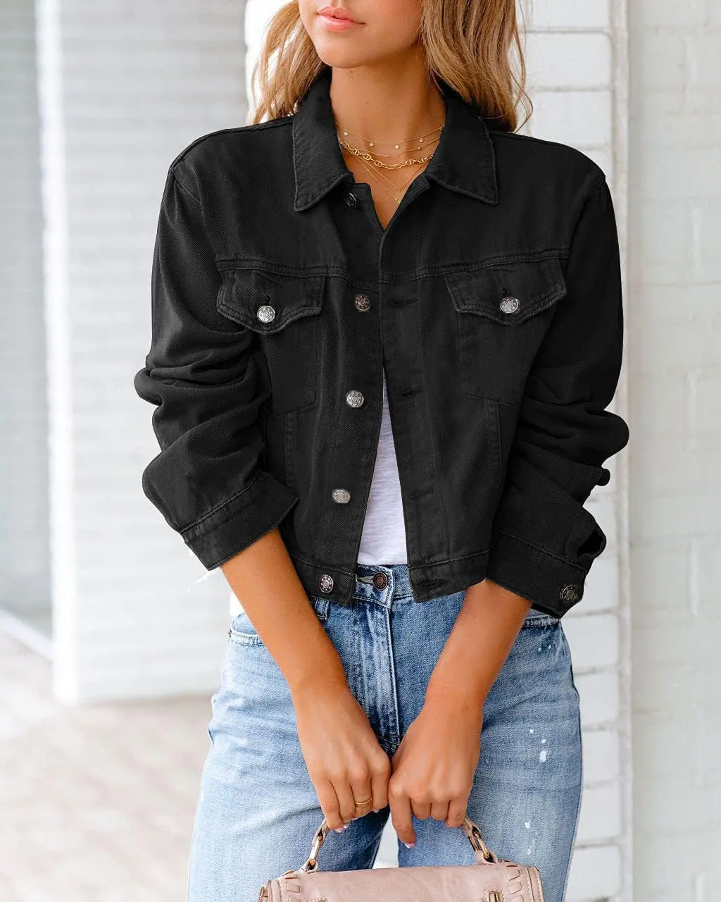 Cropped Jean Jacket for Women Trendy Button Down Stretch Fitted Long Sleeves Denim Jacket Trucker Short Coat Pockets