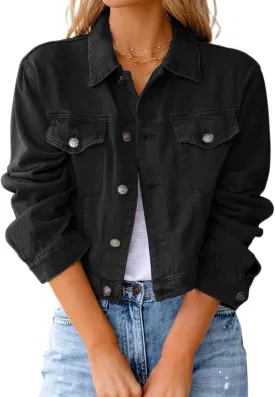 Cropped Jean Jacket for Women Trendy Button Down Stretch Fitted Long Sleeves Denim Jacket Trucker Short Coat Pockets