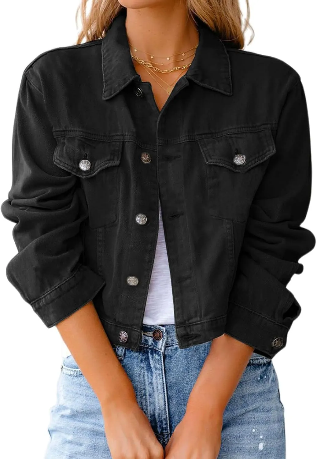 Cropped Jean Jacket for Women Trendy Button Down Stretch Fitted Long Sleeves Denim Jacket Trucker Short Coat Pockets