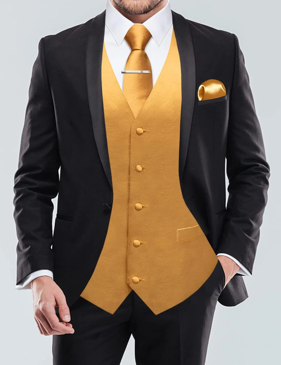 DiBanGu Men's Satin Suit Vest & Tie Set 5PCS Solid Color Dress Waistcoat for Suit or Tuxedo Wedding Party