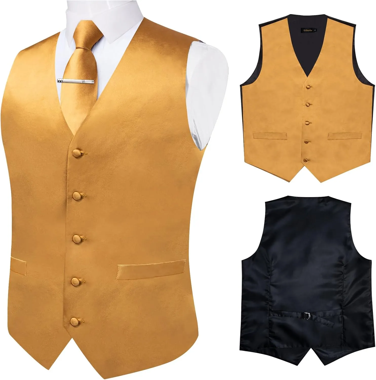 DiBanGu Men's Satin Suit Vest & Tie Set 5PCS Solid Color Dress Waistcoat for Suit or Tuxedo Wedding Party