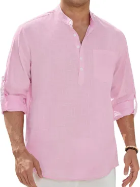 Enlision Mens Cotton Linen Henley Shirts Long Sleeve Casual Shirt Summer Beach Hippie T-Shirt Band Collar Shirt & Pocket