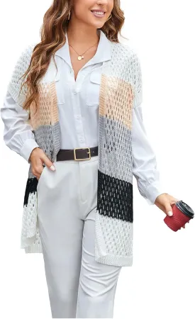 GRACE KARIN Mesh Cardigan Sweaters for Women Crochet Short Sleeve Open-Front Long Cardigan Cover ups Knitted Sheer Tops