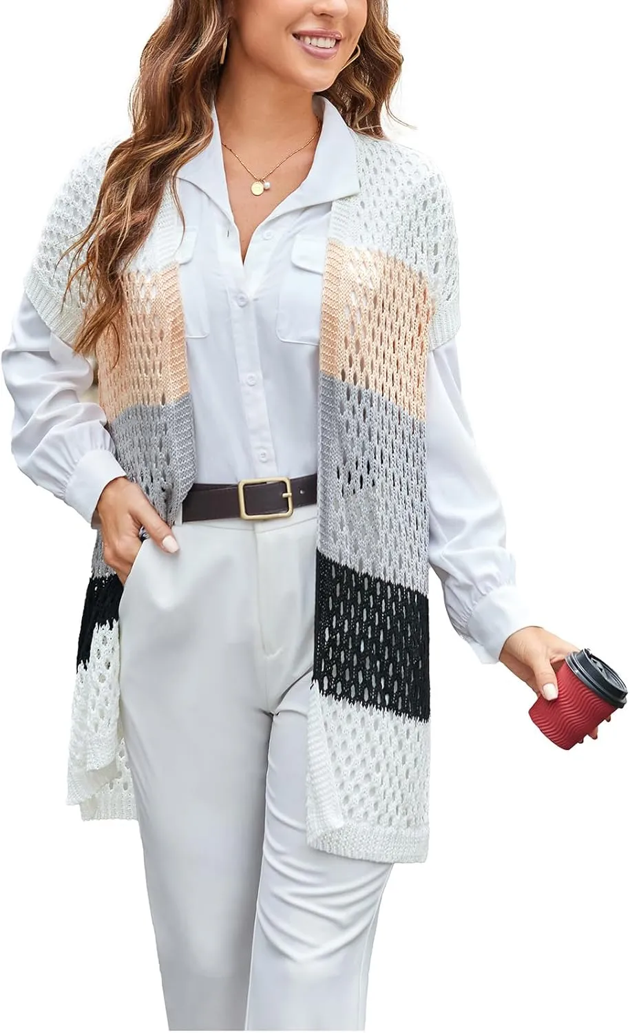GRACE KARIN Mesh Cardigan Sweaters for Women Crochet Short Sleeve Open-Front Long Cardigan Cover ups Knitted Sheer Tops