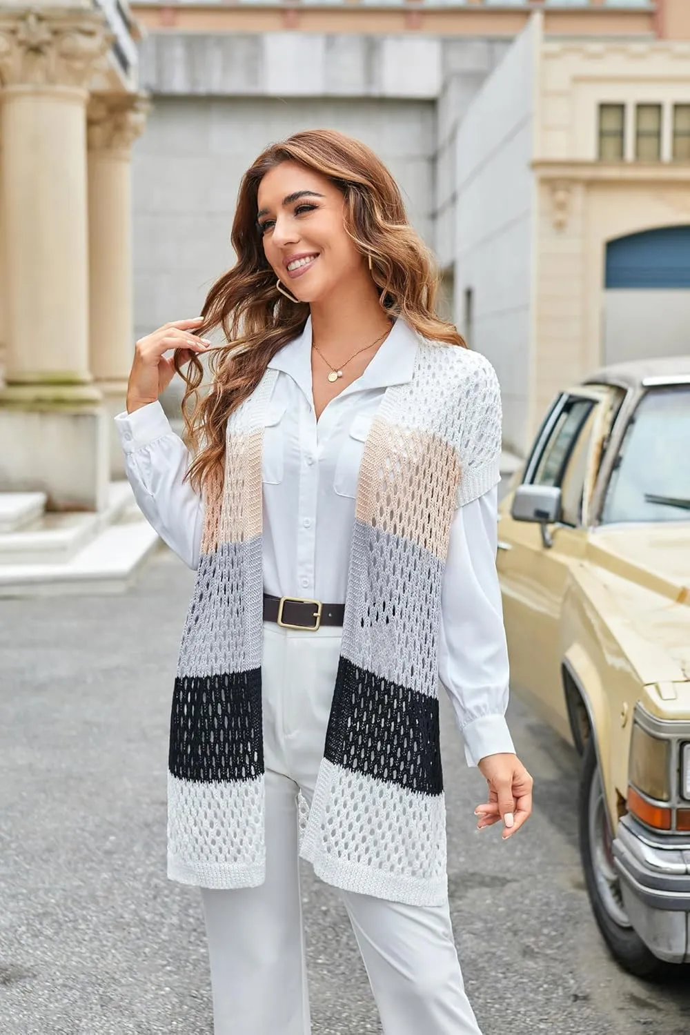 GRACE KARIN Mesh Cardigan Sweaters for Women Crochet Short Sleeve Open-Front Long Cardigan Cover ups Knitted Sheer Tops