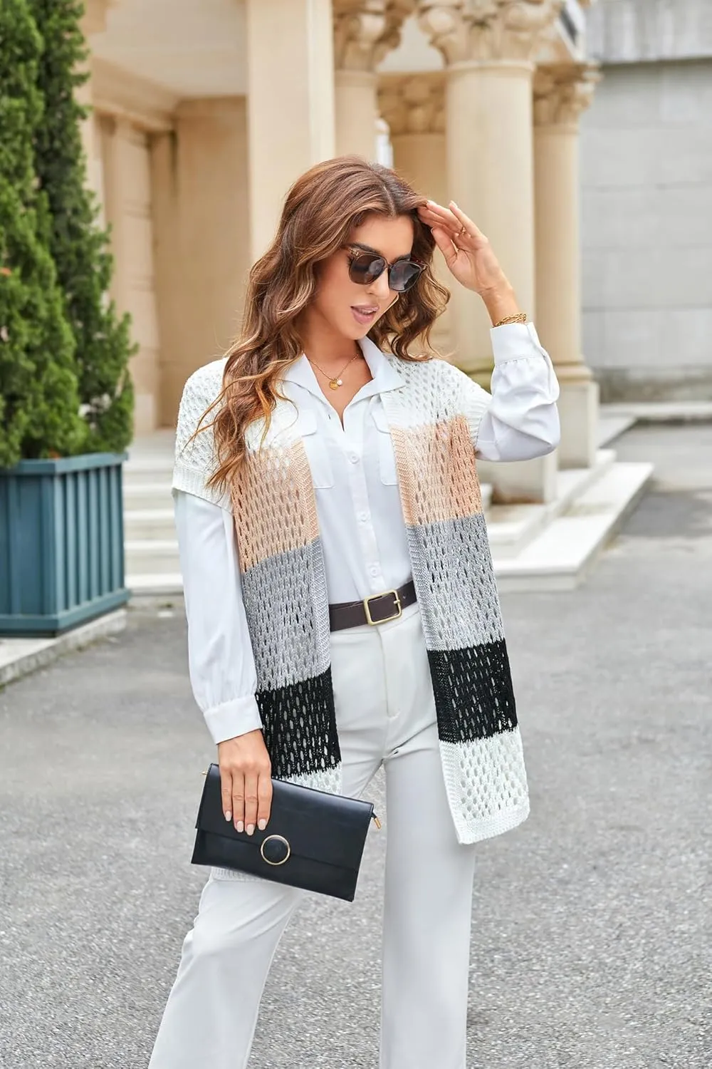 GRACE KARIN Mesh Cardigan Sweaters for Women Crochet Short Sleeve Open-Front Long Cardigan Cover ups Knitted Sheer Tops
