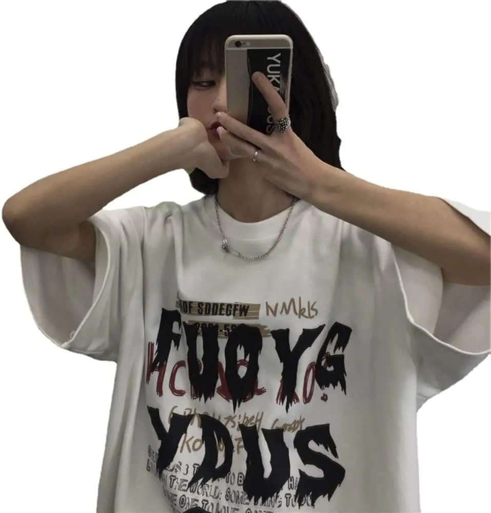 Graffiti Letter Graphic Print T-Shirt Short Sleeve Oversized Top Y2k Grunge Aesthetic Shirt Gothic Streetwear Clothing