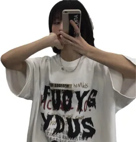 Graffiti Letter Graphic Print T-Shirt Short Sleeve Oversized Top Y2k Grunge Aesthetic Shirt Gothic Streetwear Clothing