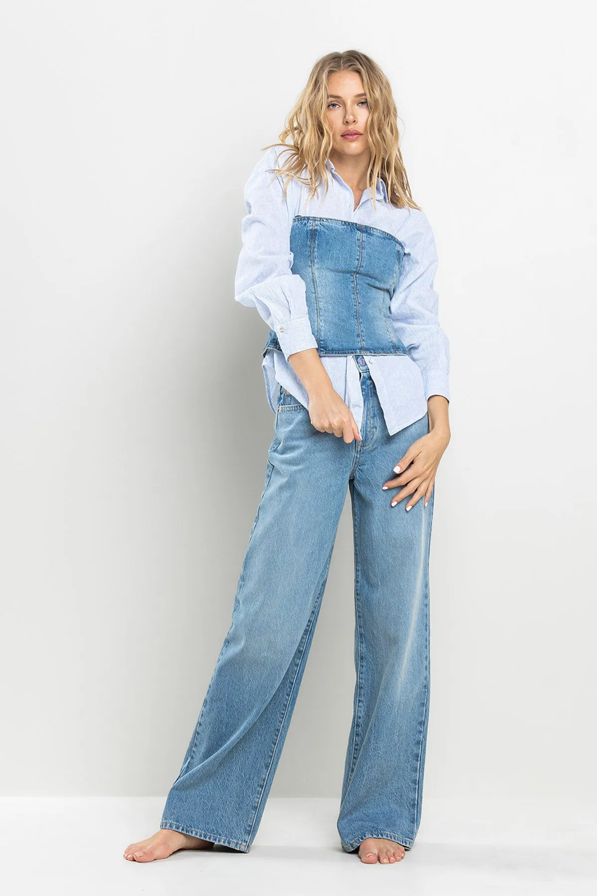 HIGH RISE WIDE LEG JEANS IN MEDIUM LIGHT  / SP-P11744-ML