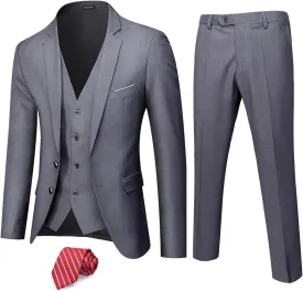 Hihawk Men's 3 Piece Suit with Stretch Fabric, Solid Slim Fit Two Button Suit Blazer Set, Jacket Vest Pants with Tie. Hihawk Men's 3 Piece Suit with Stretch Fabric, Solid Slim Fit Two Button Suit Blazer Set, Jacket Vest Pants with Tie.