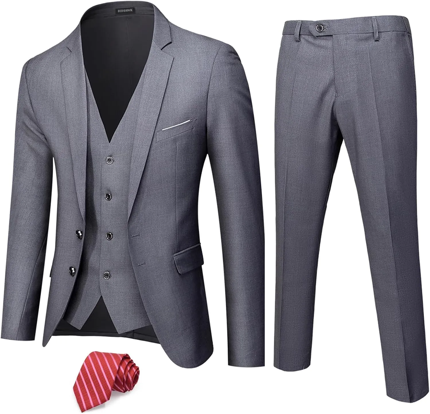 Hihawk Men's 3 Piece Suit with Stretch Fabric, Solid Slim Fit Two Button Suit Blazer Set, Jacket Vest Pants with Tie.