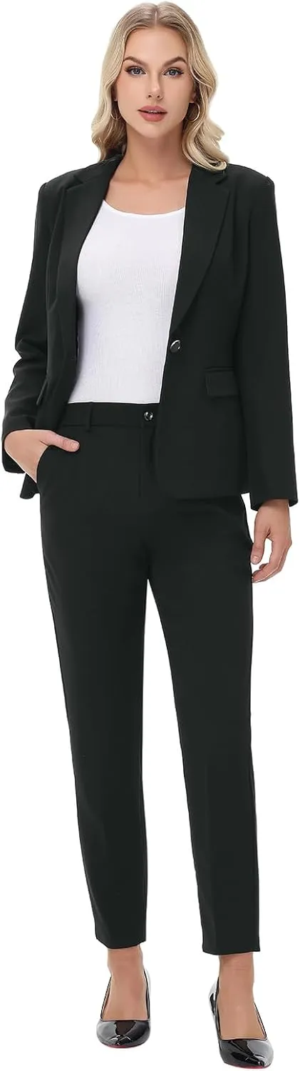 Lamgool Women's Suit Set 2 Piece Business Office Notch Lapel One Button Blazer and Pant Suit for Work