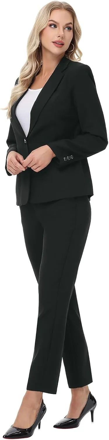 Lamgool Women's Suit Set 2 Piece Business Office Notch Lapel One Button Blazer and Pant Suit for Work