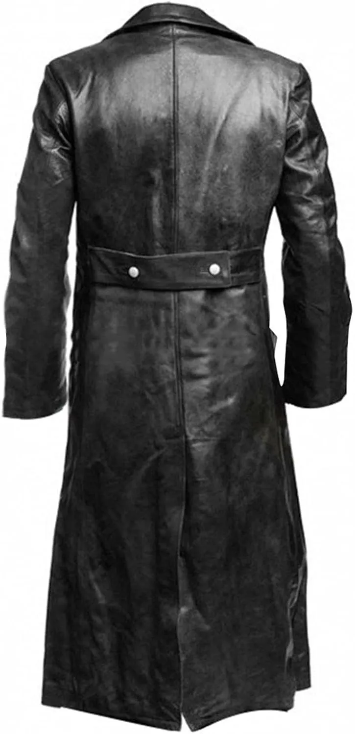 LFEOOST Leather Jacket Men Motorcycle Long Sleeve Button Lapel WW2 Officer Military Uniform Fall Winter Long Trench Coat
