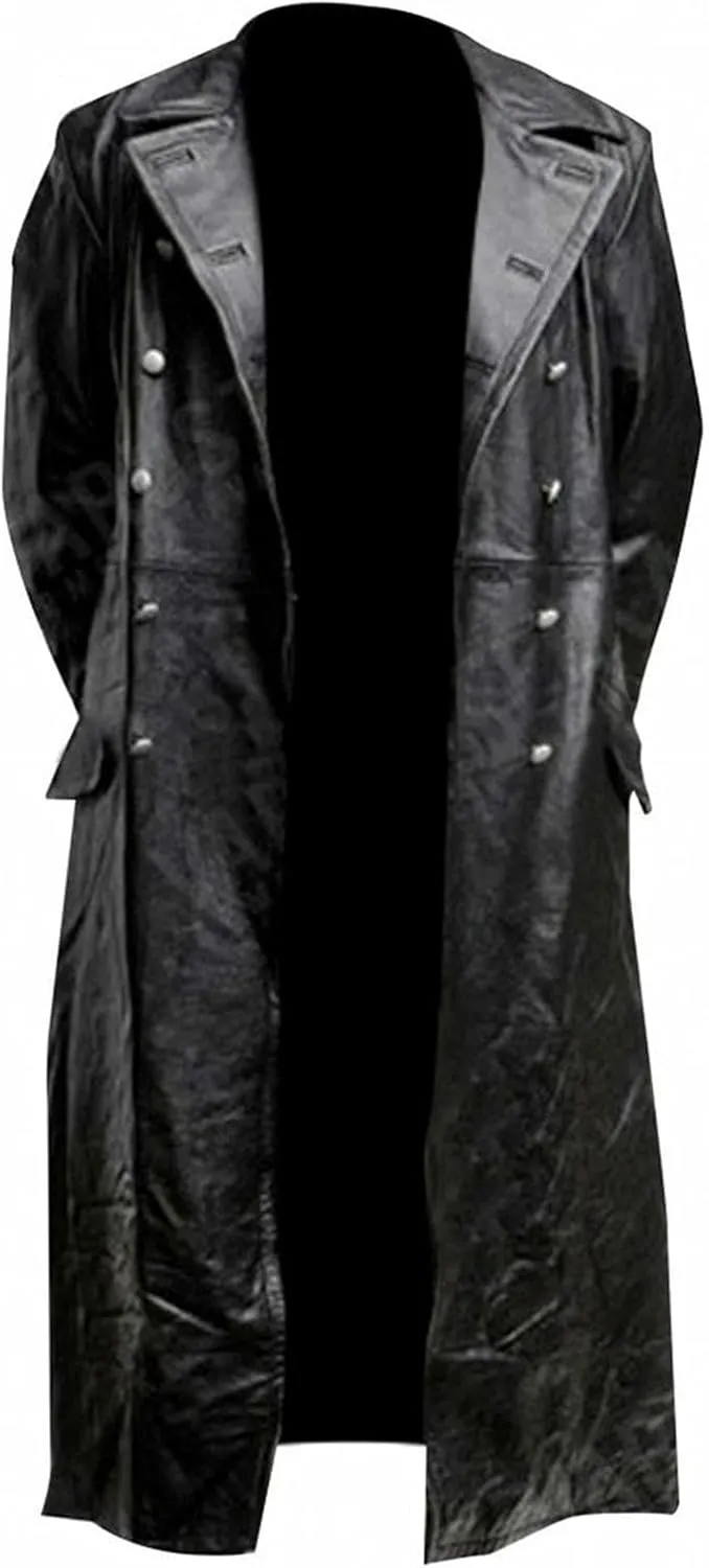 LFEOOST Leather Jacket Men Motorcycle Long Sleeve Button Lapel WW2 Officer Military Uniform Fall Winter Long Trench Coat