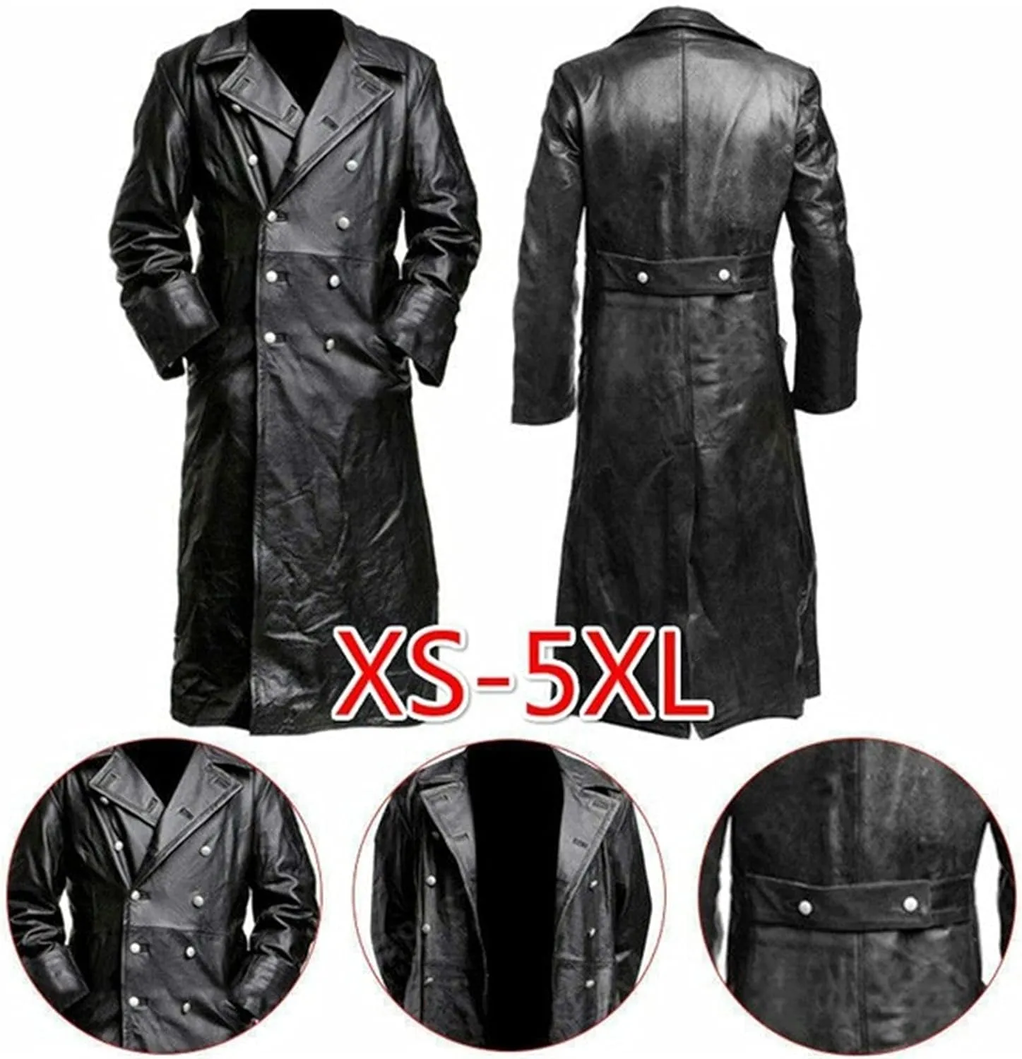LFEOOST Leather Jacket Men Motorcycle Long Sleeve Button Lapel WW2 Officer Military Uniform Fall Winter Long Trench Coat