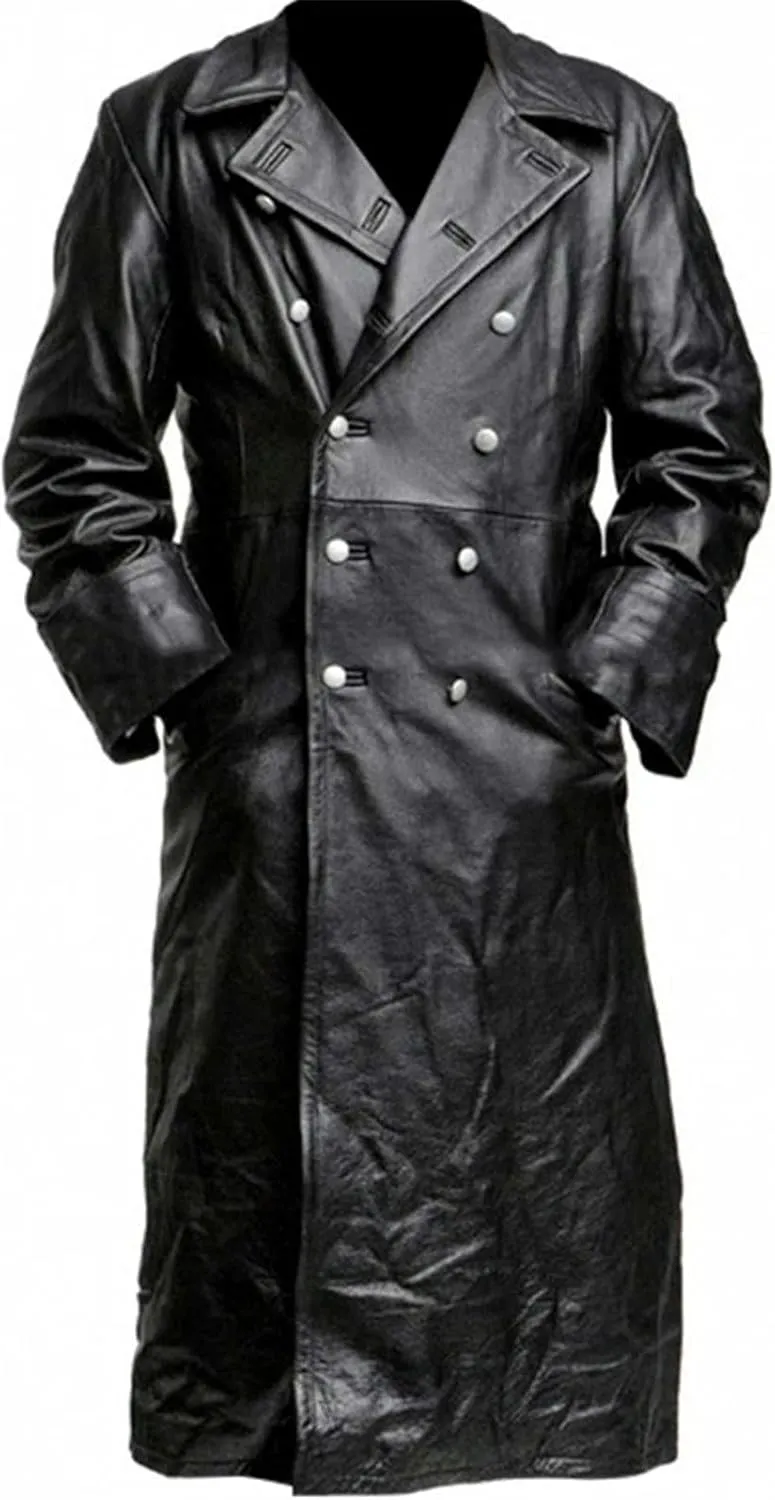 LFEOOST Leather Jacket Men Motorcycle Long Sleeve Button Lapel WW2 Officer Military Uniform Fall Winter Long Trench Coat