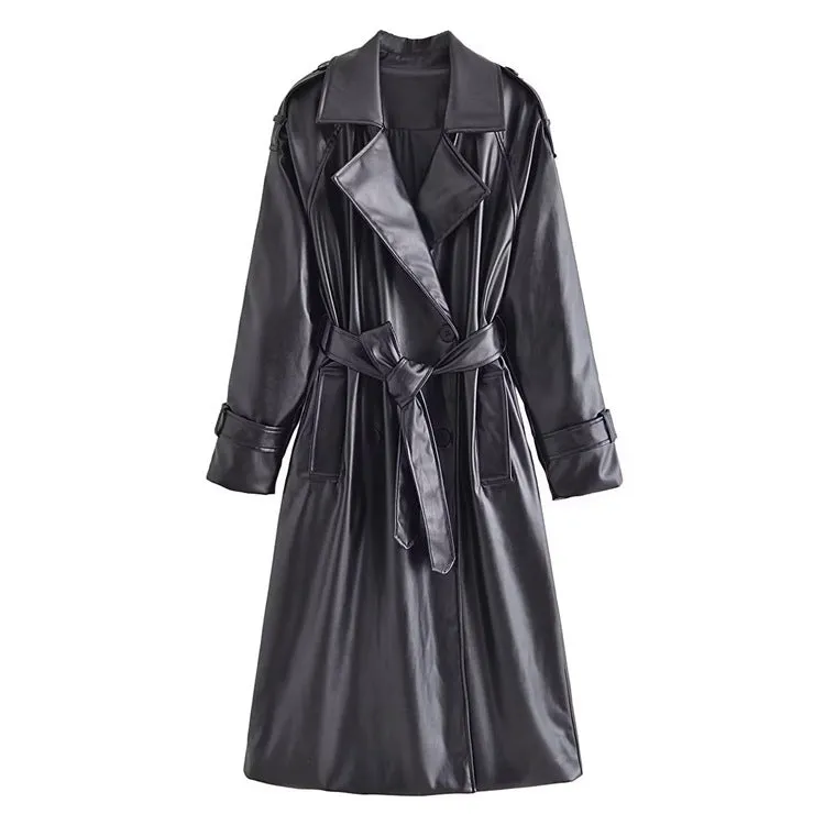 Long Sleeve Slim Fit With Belt Imitation Leather Trench Coat