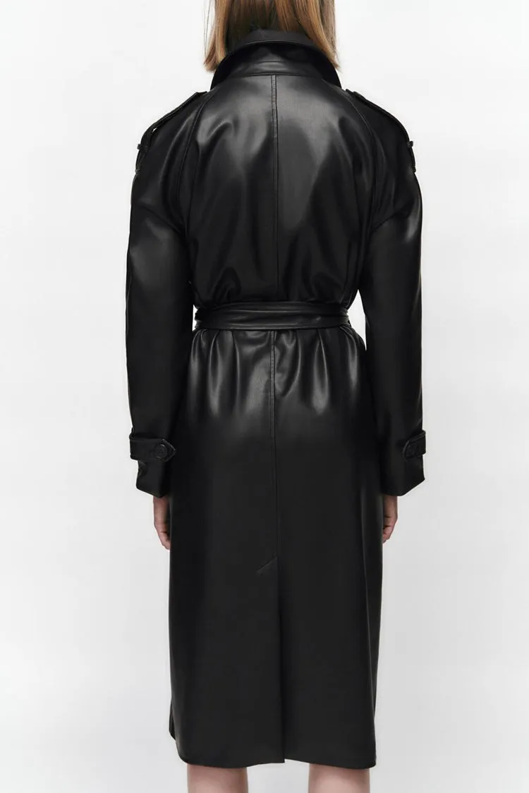 Long Sleeve Slim Fit With Belt Imitation Leather Trench Coat