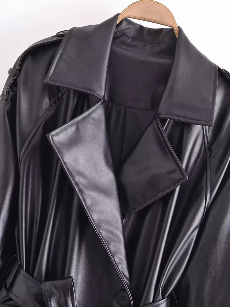 Long Sleeve Slim Fit With Belt Imitation Leather Trench Coat