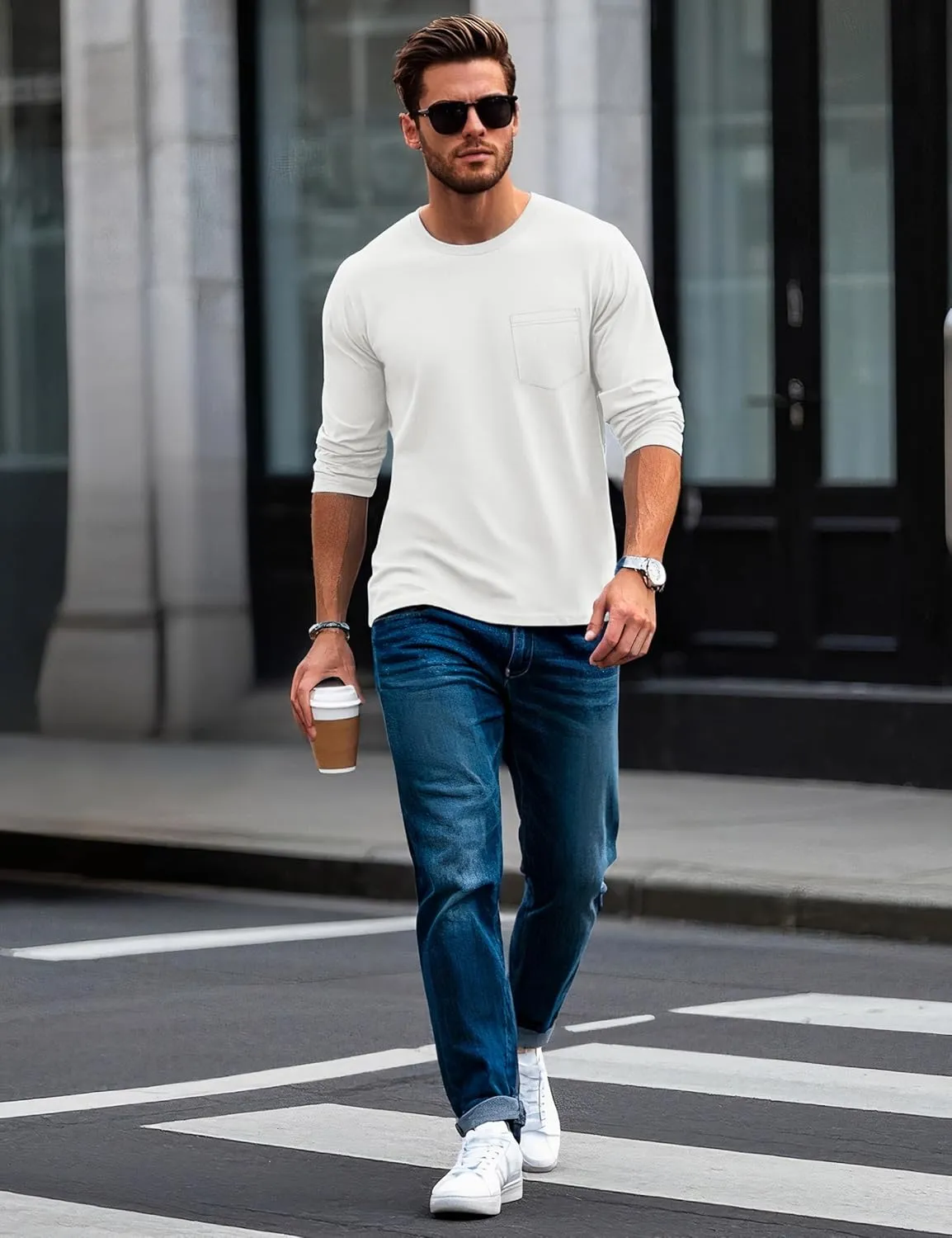 MAGCOMSEN Men's Long Sleeve Shirt with Pocket Cotton Crew Neck Shirts Casual Lightweight T-Shirt