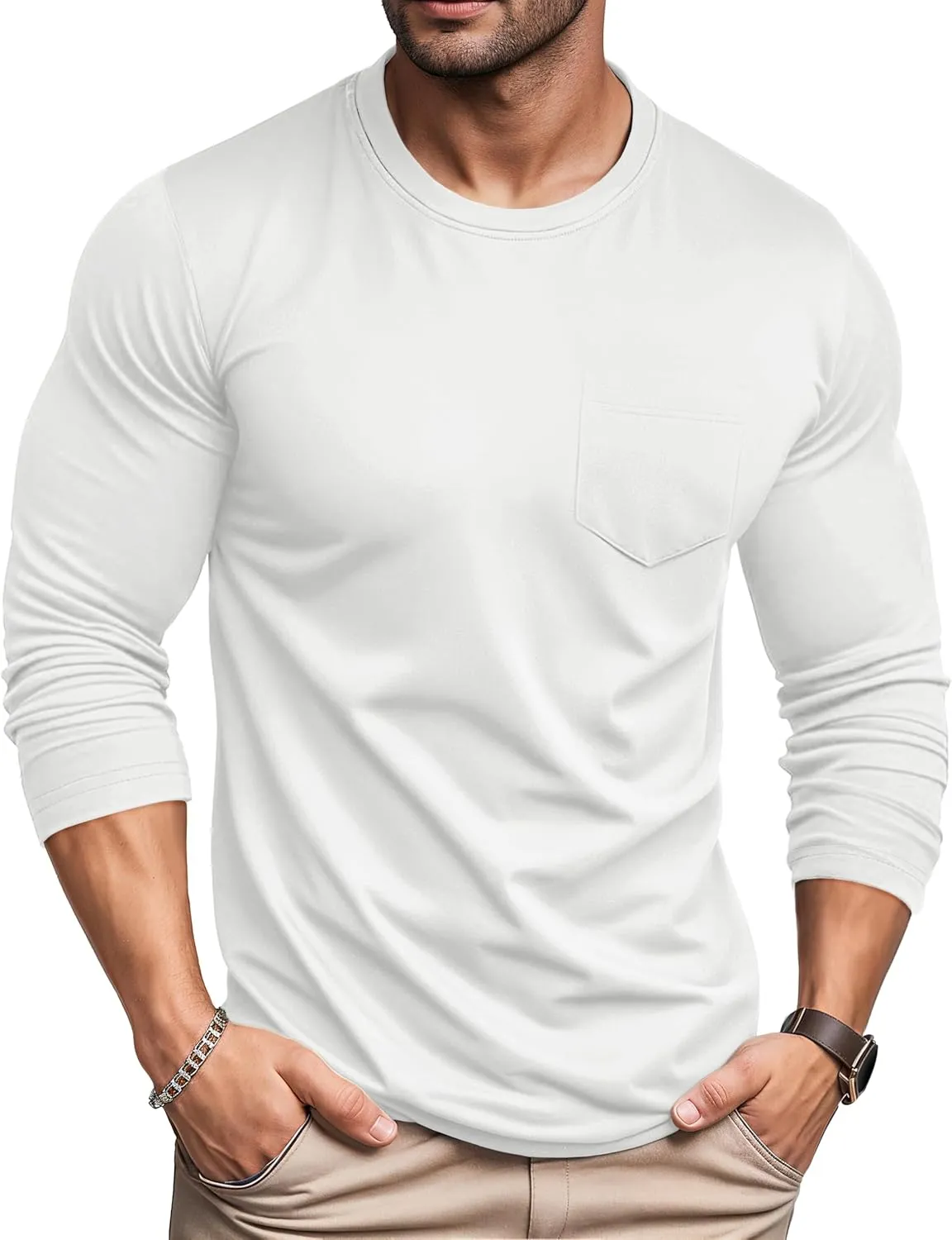 MAGCOMSEN Men's Long Sleeve Shirt with Pocket Cotton Crew Neck Shirts Casual Lightweight T-Shirt
