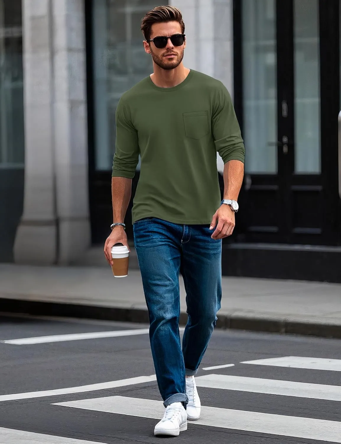 MAGCOMSEN Men's Long Sleeve Shirt with Pocket Cotton Crew Neck Shirts Casual Lightweight T-Shirt