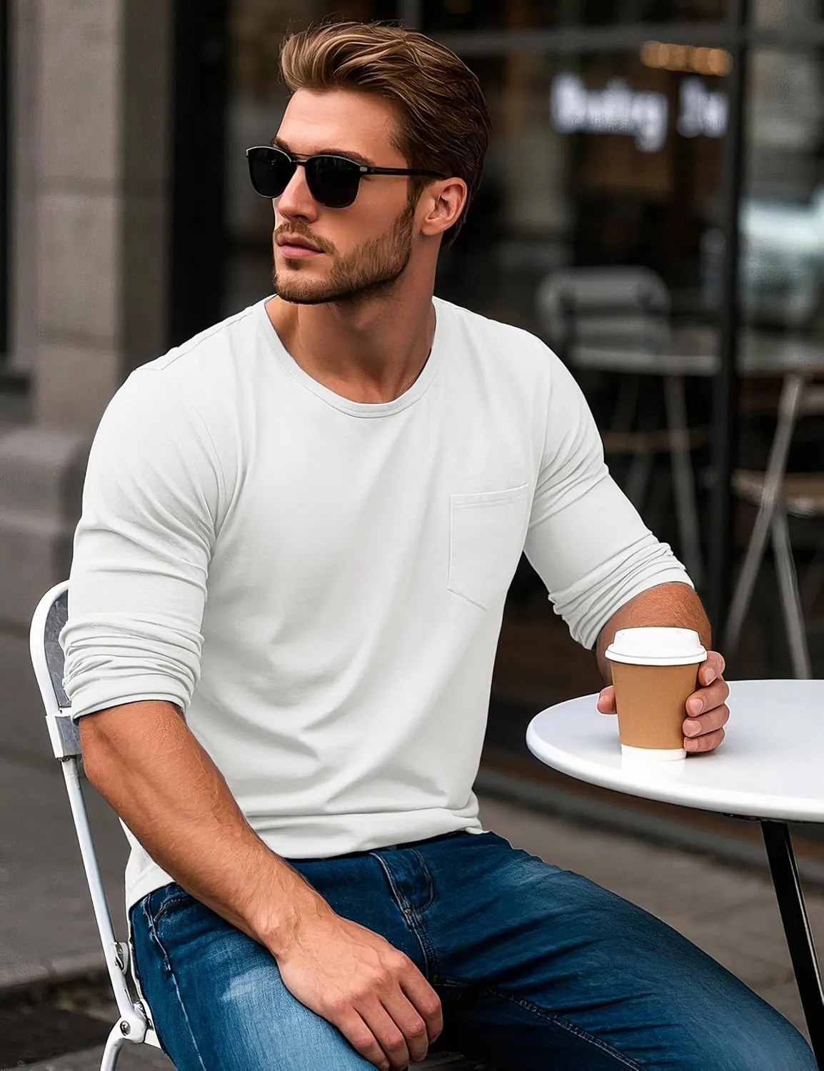 MAGCOMSEN Men's Long Sleeve Shirt with Pocket Cotton Crew Neck Shirts Casual Lightweight T-Shirt