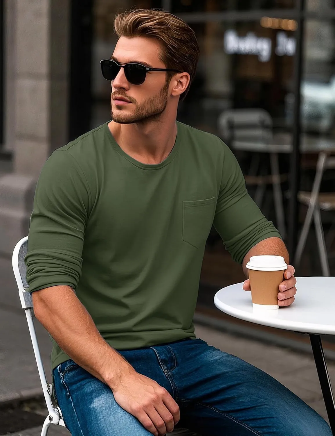 MAGCOMSEN Men's Long Sleeve Shirt with Pocket Cotton Crew Neck Shirts Casual Lightweight T-Shirt