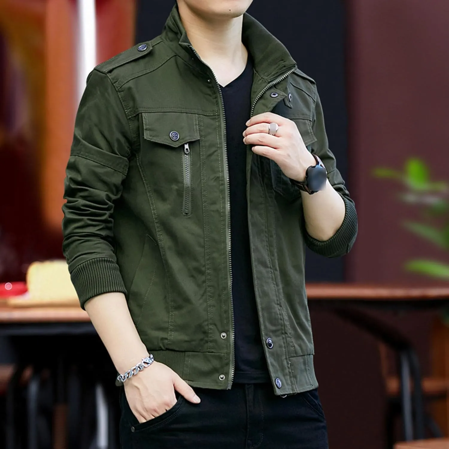 Men's Casual Cotton Military Jacket Lightweight Full Zip Jacket Field Windbreaker Bomber Jackets Cargo Coat