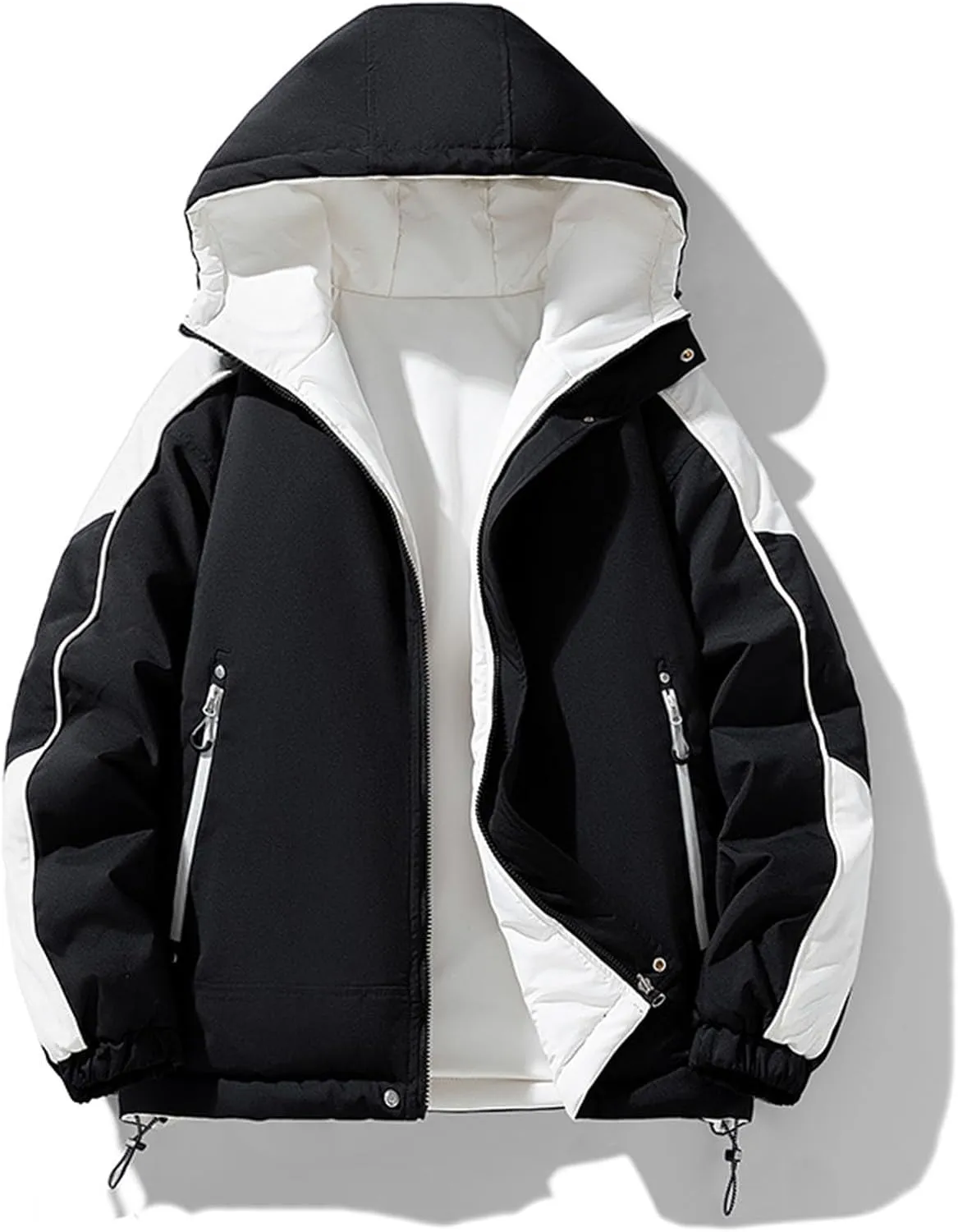 Men's Fleece Lined Jacket Fashion Color Block Full Zip Hooded Jacket Winter New Outdoor Coat with Pocket Loose Fit
