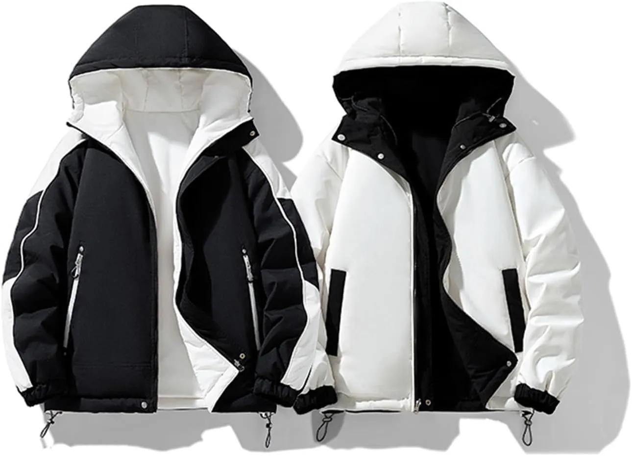 Men's Fleece Lined Jacket Fashion Color Block Full Zip Hooded Jacket Winter New Outdoor Coat with Pocket Loose Fit