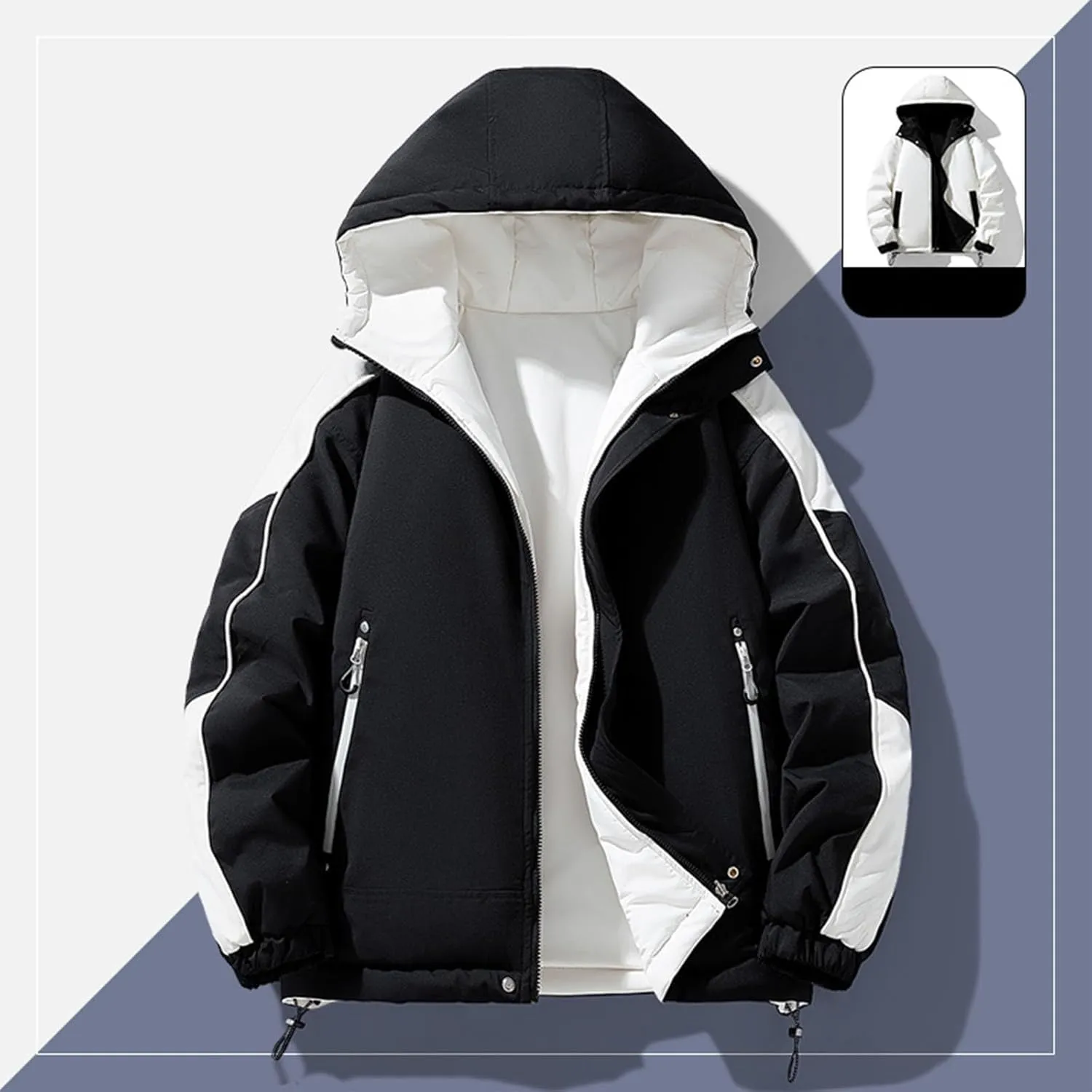 Men's Fleece Lined Jacket Fashion Color Block Full Zip Hooded Jacket Winter New Outdoor Coat with Pocket Loose Fit