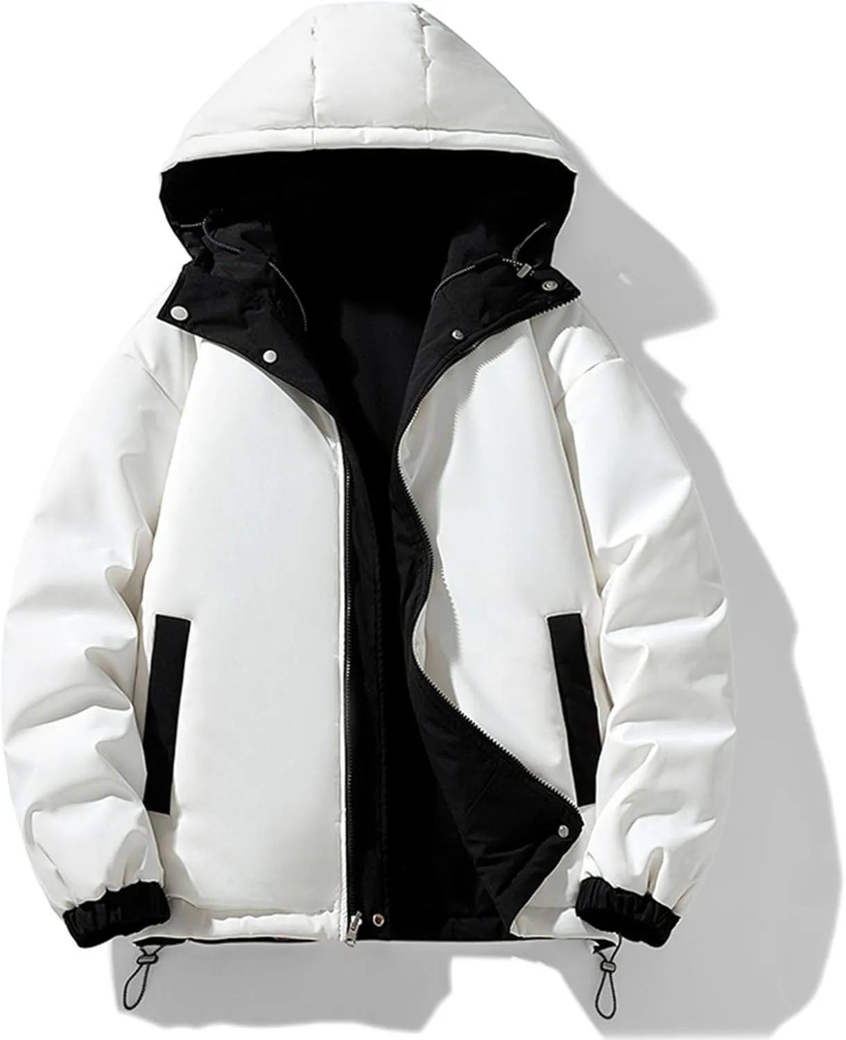 Men's Fleece Lined Jacket Fashion Color Block Full Zip Hooded Jacket Winter New Outdoor Coat with Pocket Loose Fit