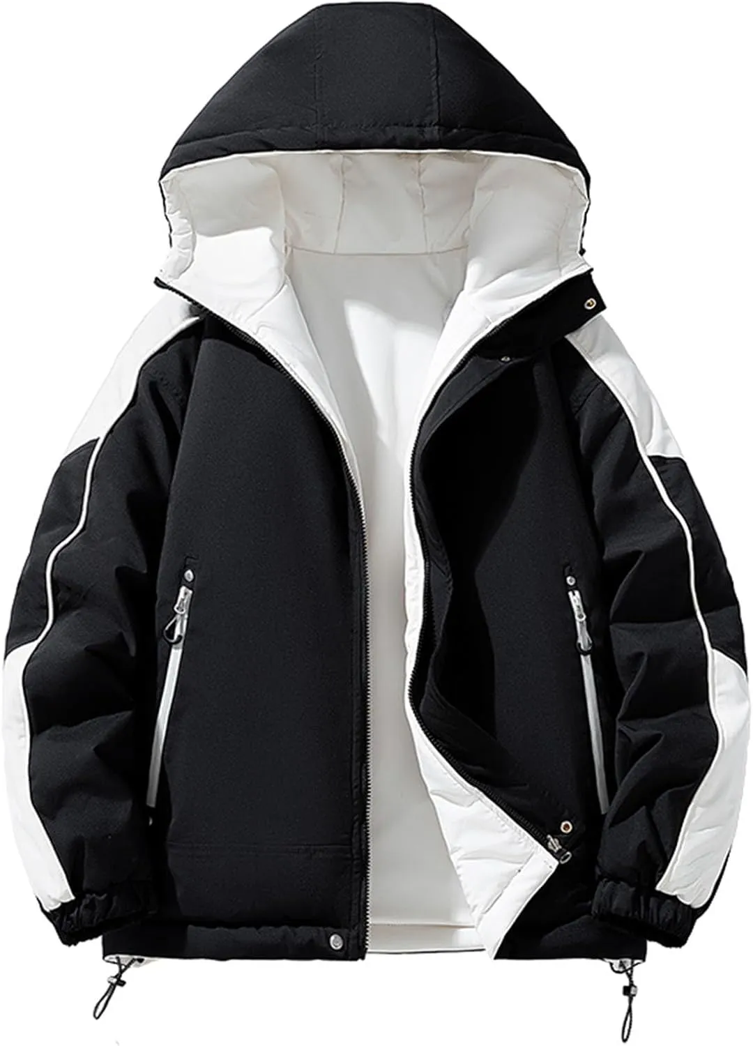 Men's Fleece Lined Jacket Fashion Color Block Full Zip Hooded Jacket Winter New Outdoor Coat with Pocket Loose Fit