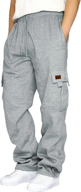 Mens Fleece Sweatpants Heavyweight Baggy Elastic Waist Joggers Fall Winter Drawstring Wide Leg Cargo Pants Pockets