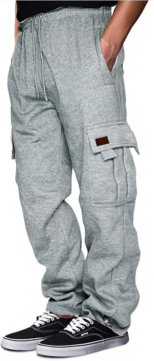 Mens Fleece Sweatpants Heavyweight Baggy Elastic Waist Joggers Fall Winter Drawstring Wide Leg Cargo Pants Pockets